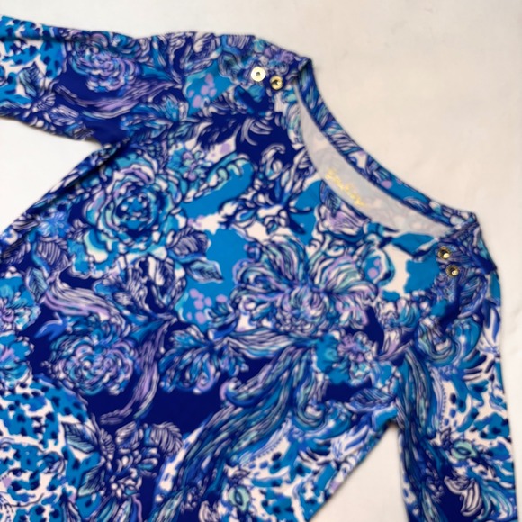 Lilly Pulitzer Dress XL 12-14 Blue Floral 3/4 Sleeve Gold Buttons Rayon Spandex - Picture 5 of 11